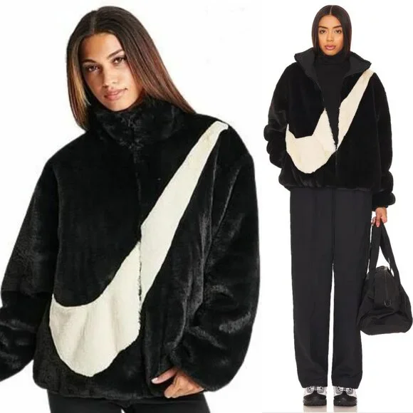 NIKE Faux Fur Plush Swoosh Teddy JACKET Size L Oversized Black Fossil Logo NEW - Picture 1 of 12
